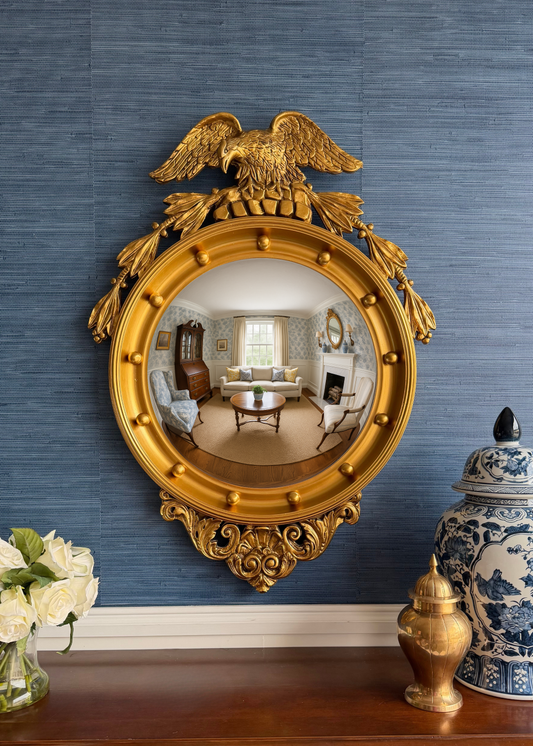 Vintage Federal Eagle Convex Giltwood Mirror (37” Tall) — Colonial Revival Wall Mirror, Mid-Century American