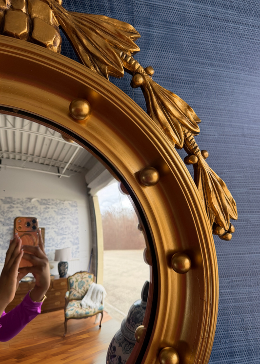 Vintage Federal Eagle Convex Giltwood Mirror (37” Tall) — Colonial Revival Wall Mirror, Mid-Century American