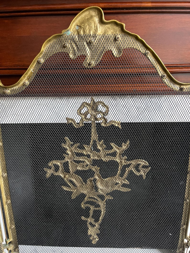 Vintage French Provincial Rococo Style TriFold Ribbons Love Birds Solid Brass Fireplace Screen