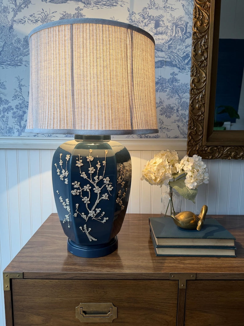 Vintage Navy Impasto Table Lamp with Hand Sculpted Floral Relief and Pleated Shade