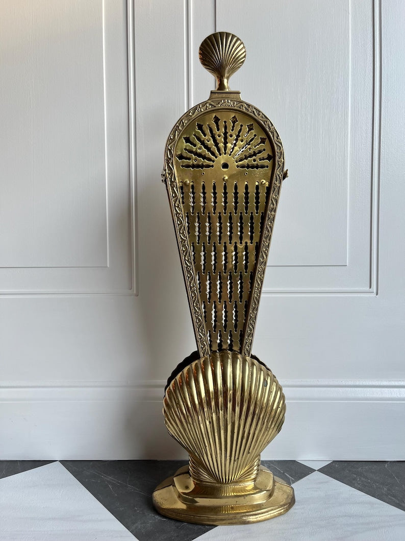 Vintage Brass Clam Seashell Brass Peacock Fireplace Folding Fan Screen