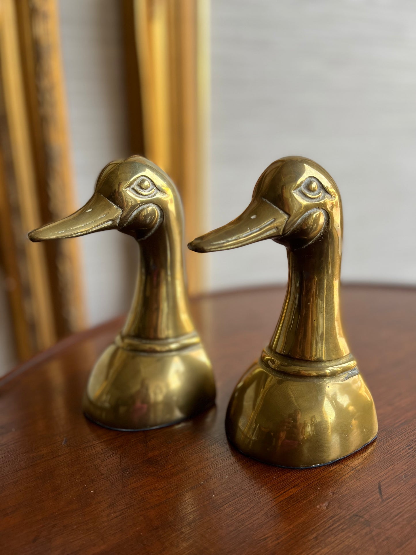 Vintage 1950s Brass Bookends Mallard Duck Head Pair 6" Mid Century Brass Decor