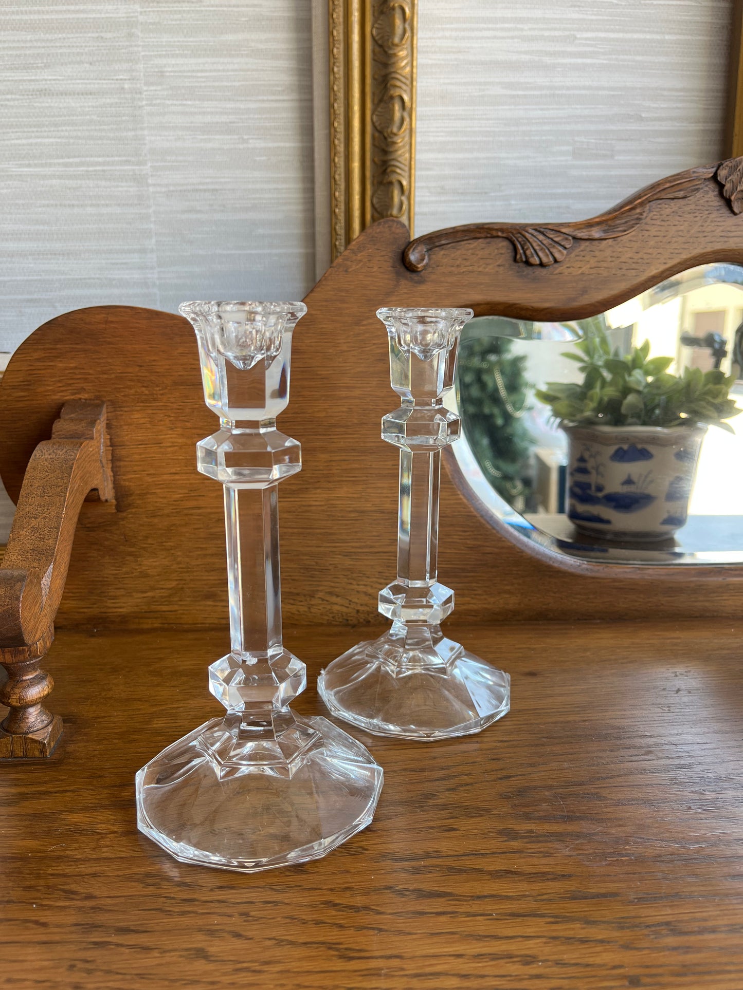 Vintage Pair of Val St. Lambert Style Crystal Glass Candlestick Holders