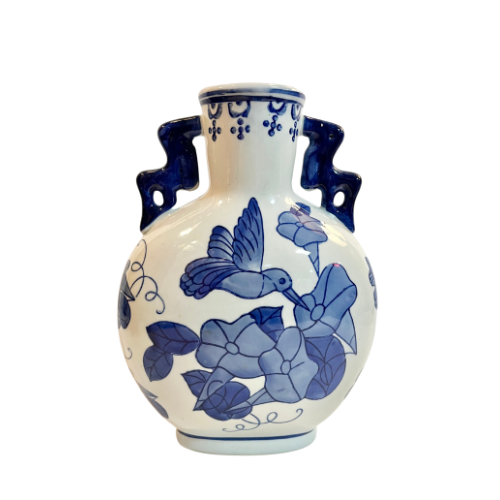 Beautiful Hummingbird Chinoiserie Blue & White Porcelain Hand Painted Vase
