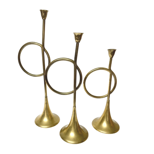 Vintage Brass French Horn Candlestick Holder Trio