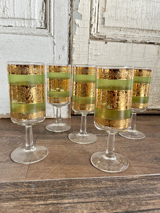 Vintage 60s Culver Starlyte Green &22K Gold Stem Cocktail Glasses - Set Of 5