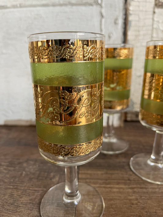 Vintage 60s Culver Starlyte Green &22K Gold Stem Cocktail Glasses - Set Of 5