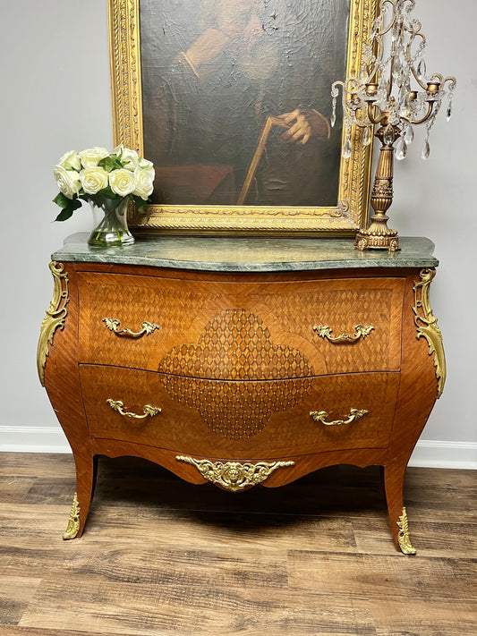 French Louis XV Inlaid Marble and Ormolu Bombe Commode Table
