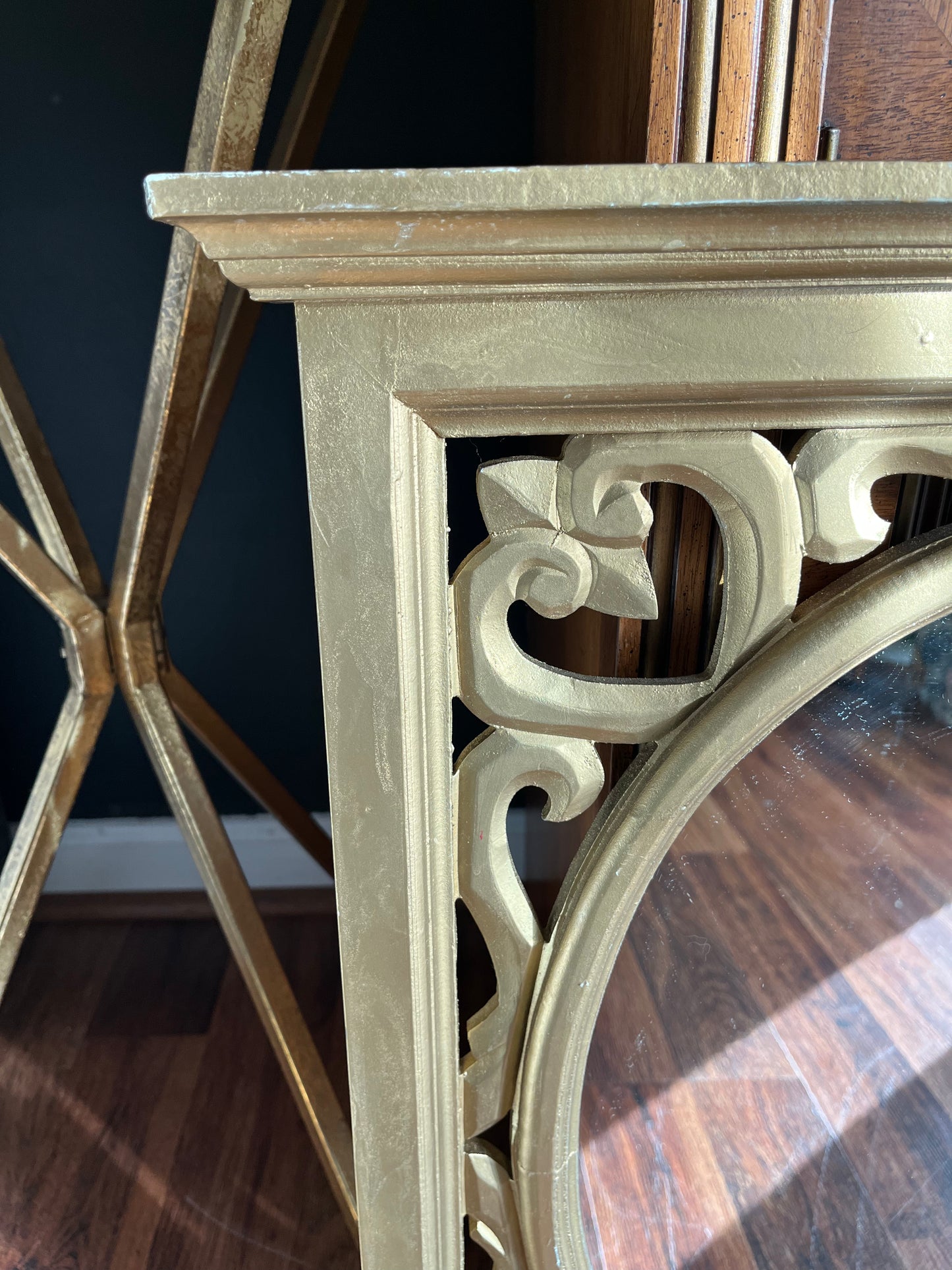 Exquisite Vintage Gold French Style Mirror with Filigree Design and Collectible Shelf