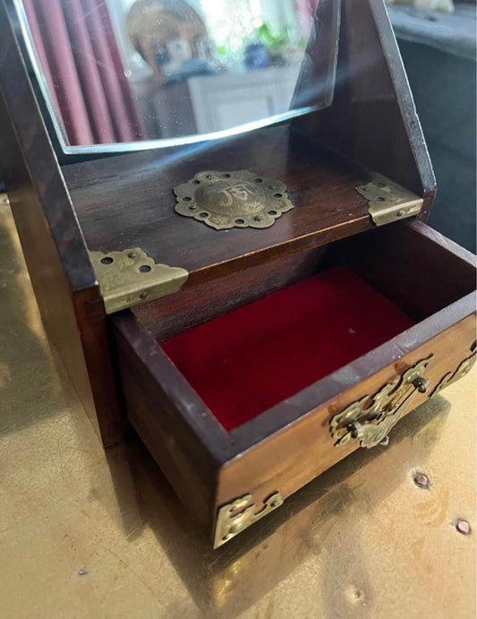 Vintage Chinese Rosewood Brass Accented Vanity Mirror Jewelry Box