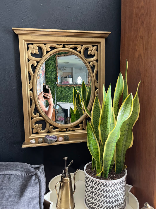 Exquisite Vintage Gold French Style Mirror with Filigree Design and Collectible Shelf