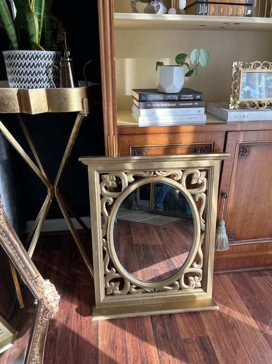 Exquisite Vintage Gold French Style Mirror with Filigree Design and Collectible Shelf