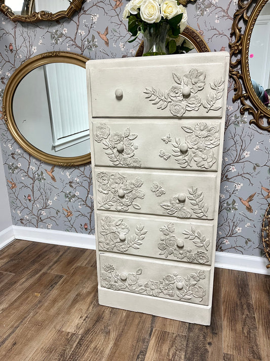Vintage Five Drawer Tall Chest Dresser With Custom Floral Accents