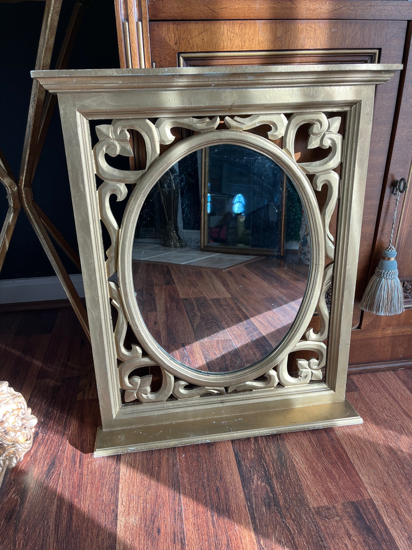 Exquisite Vintage Gold French Style Mirror with Filigree Design and Collectible Shelf