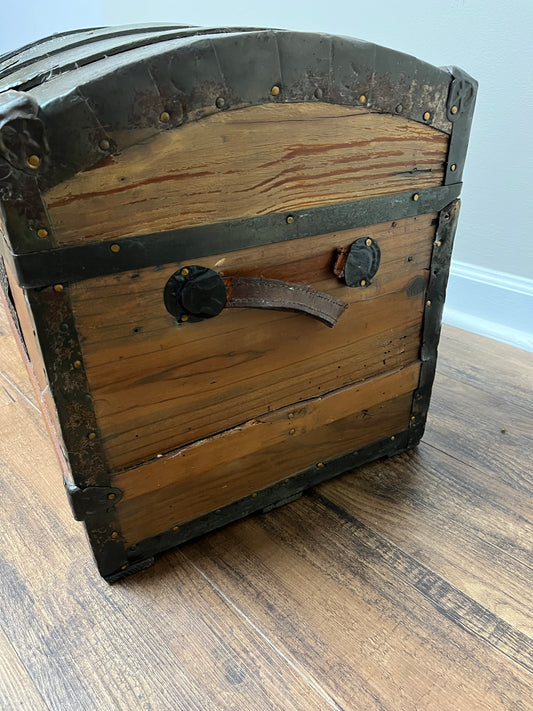 Antique Wood & Embossed Metal Camelback Dome Steamer Trunk Circa 1800s