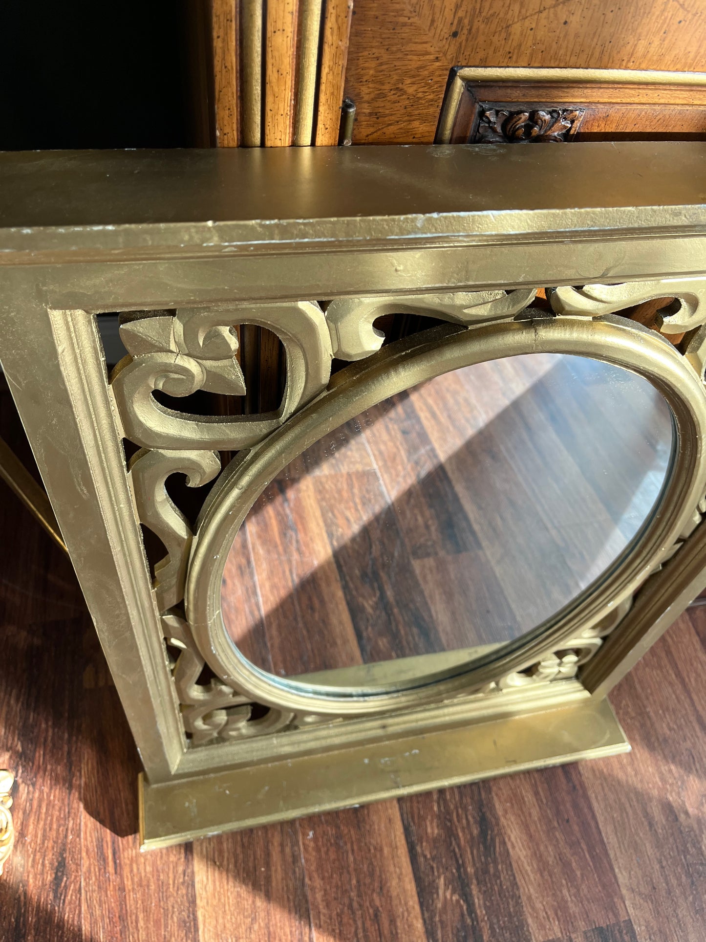 Exquisite Vintage Gold French Style Mirror with Filigree Design and Collectible Shelf