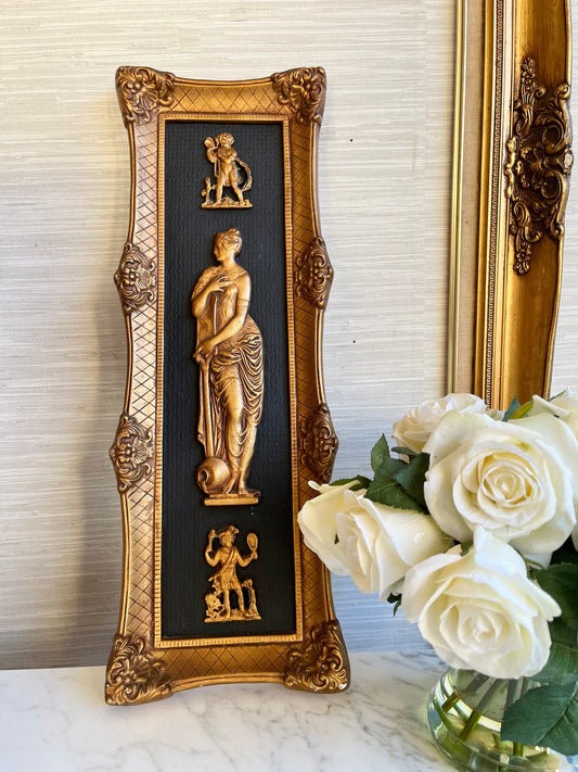 Greek-Roman Plaster Relief Wall Art Plaque with Gilded Frame and Mythological Accents