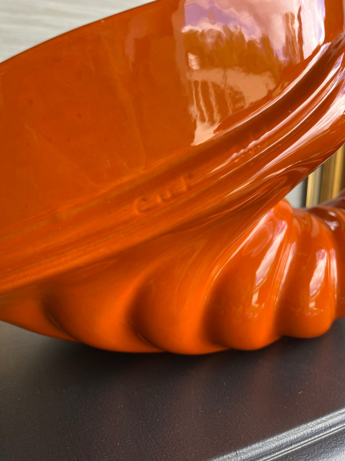 1971 Mid Century Modern Bright Orange Ceramic Cornucopia Centerpiece