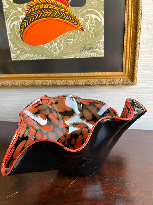 Murano Art Glass Clam Shaped Black Orange Bowl