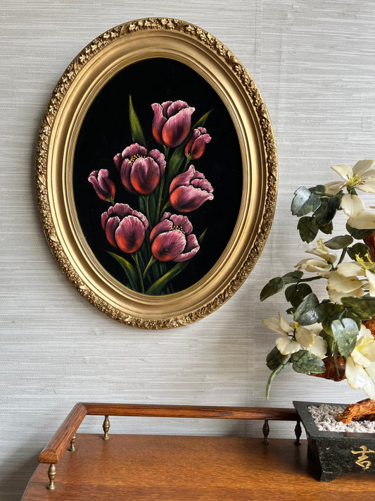 Vintage Mid Century Floral Tulip Acrylic Framed Painting On Velvet