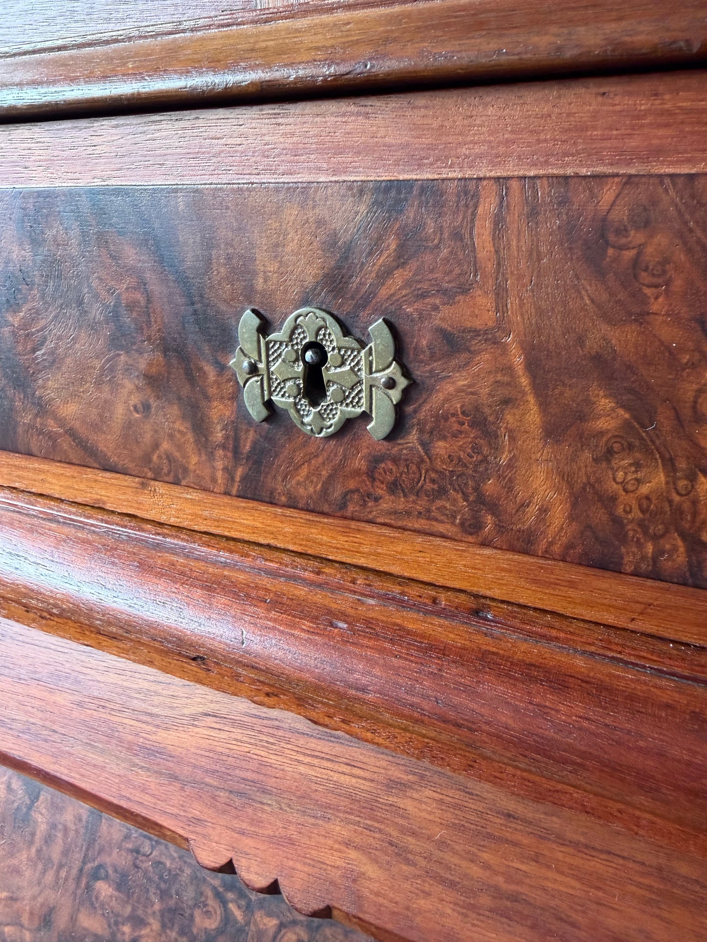 Antique Victorian Burl Walnut Secretary Bookcase, c. 1880s, Drop Front Writing Desk Display Cabinet