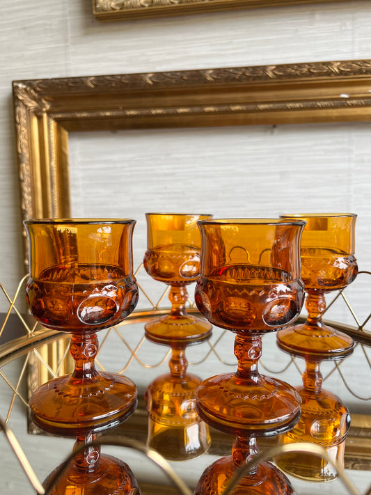 Vintage 1970s Indiana Glass Kings Crown Amber Glasses Set Of 4