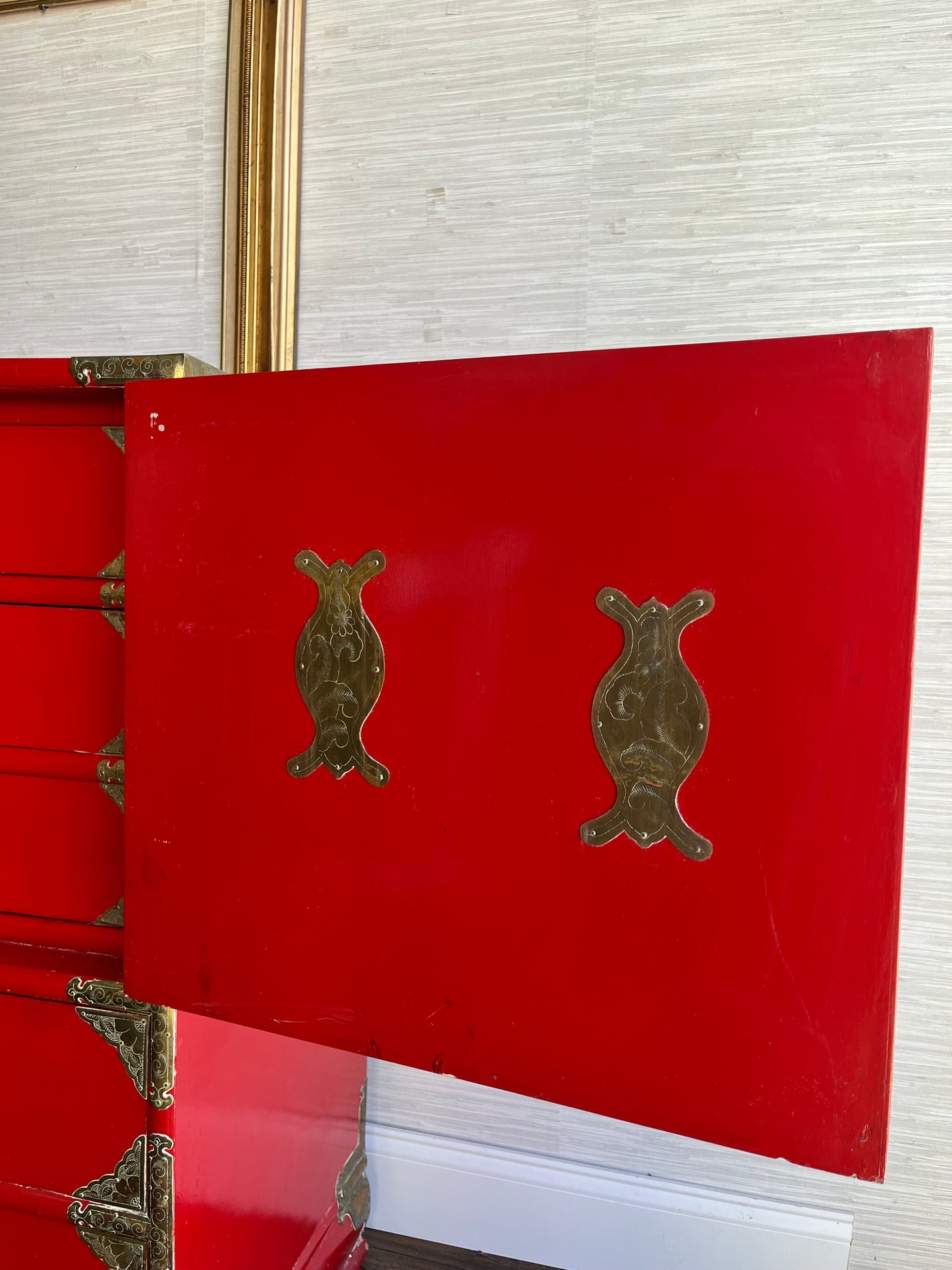 Mid 20th Century Red Lacquer Tansu Chest with Brass Butterfly Pulls