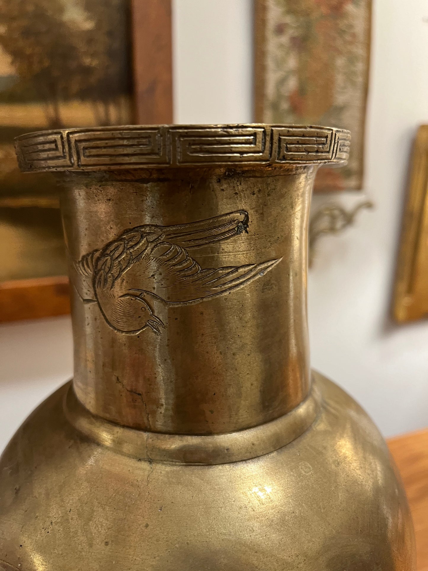 19th Century Hand-Etched Bronze Asian Vase with Wooden Base – Intricate Relief Design