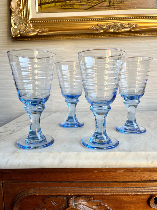 Vintage Blue Libbey Sirrus Glass Footed Water Goblets Set of 4