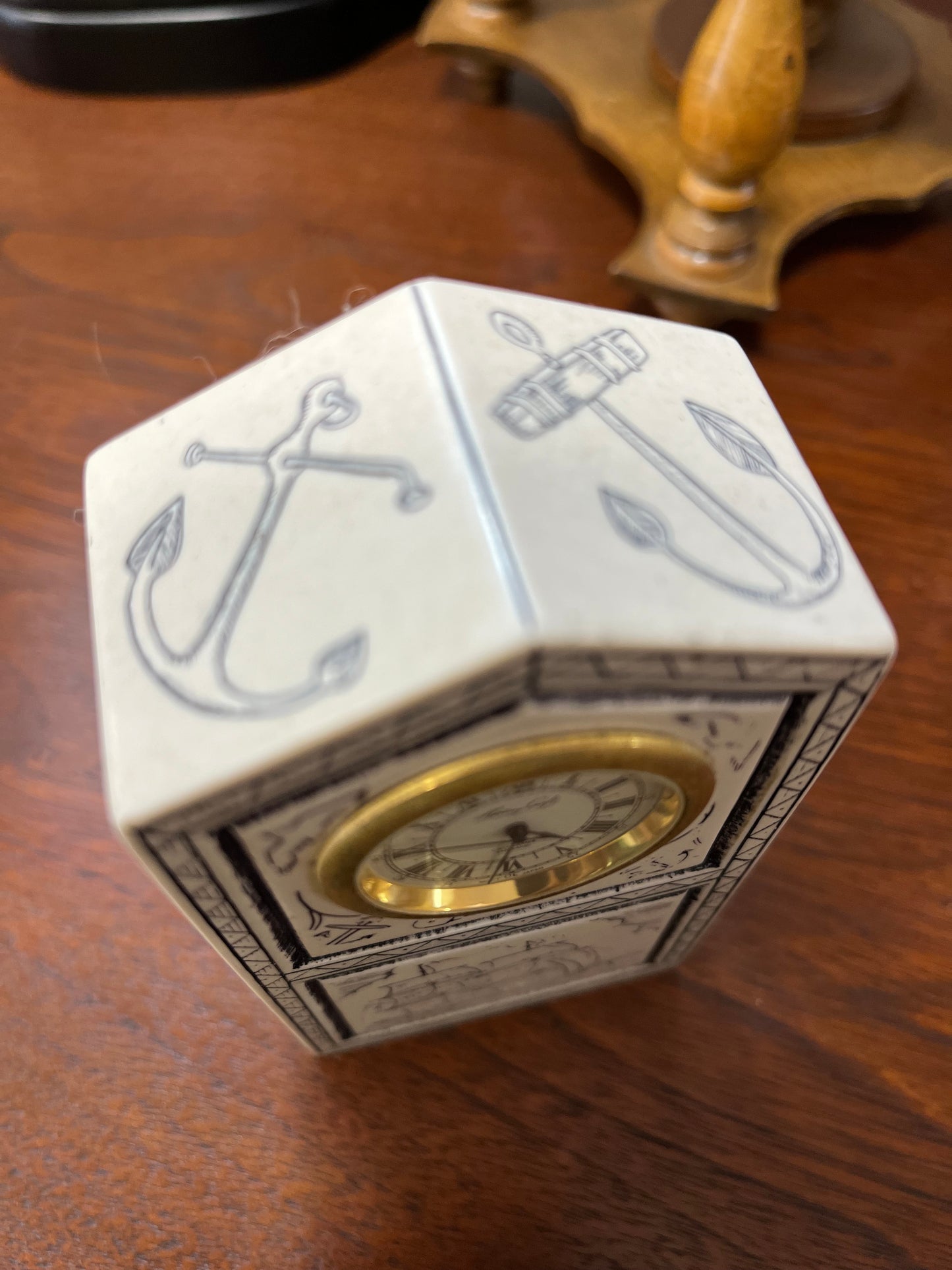 Vintage Style Scrimshaw Marble Miniature Clock