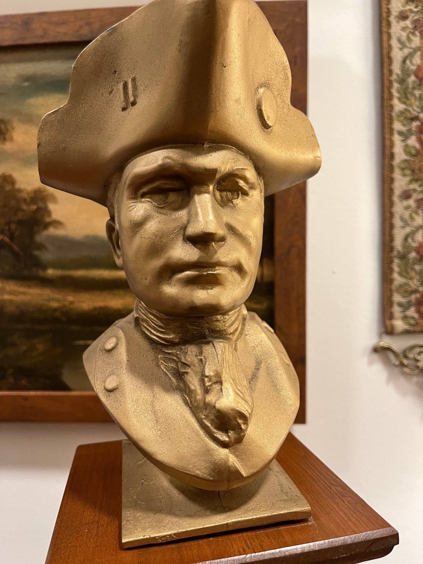 John Paul Jones Gilt Metal Bust Sculpture on Ornate Wood Base