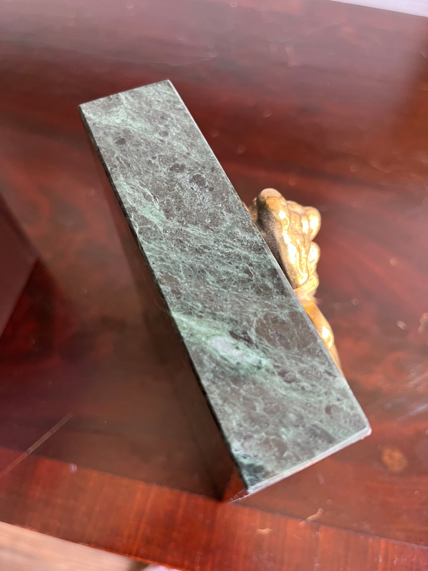 Vintage Trapezoidal Green Marble Book Ends With Brass Unicorn + Lion