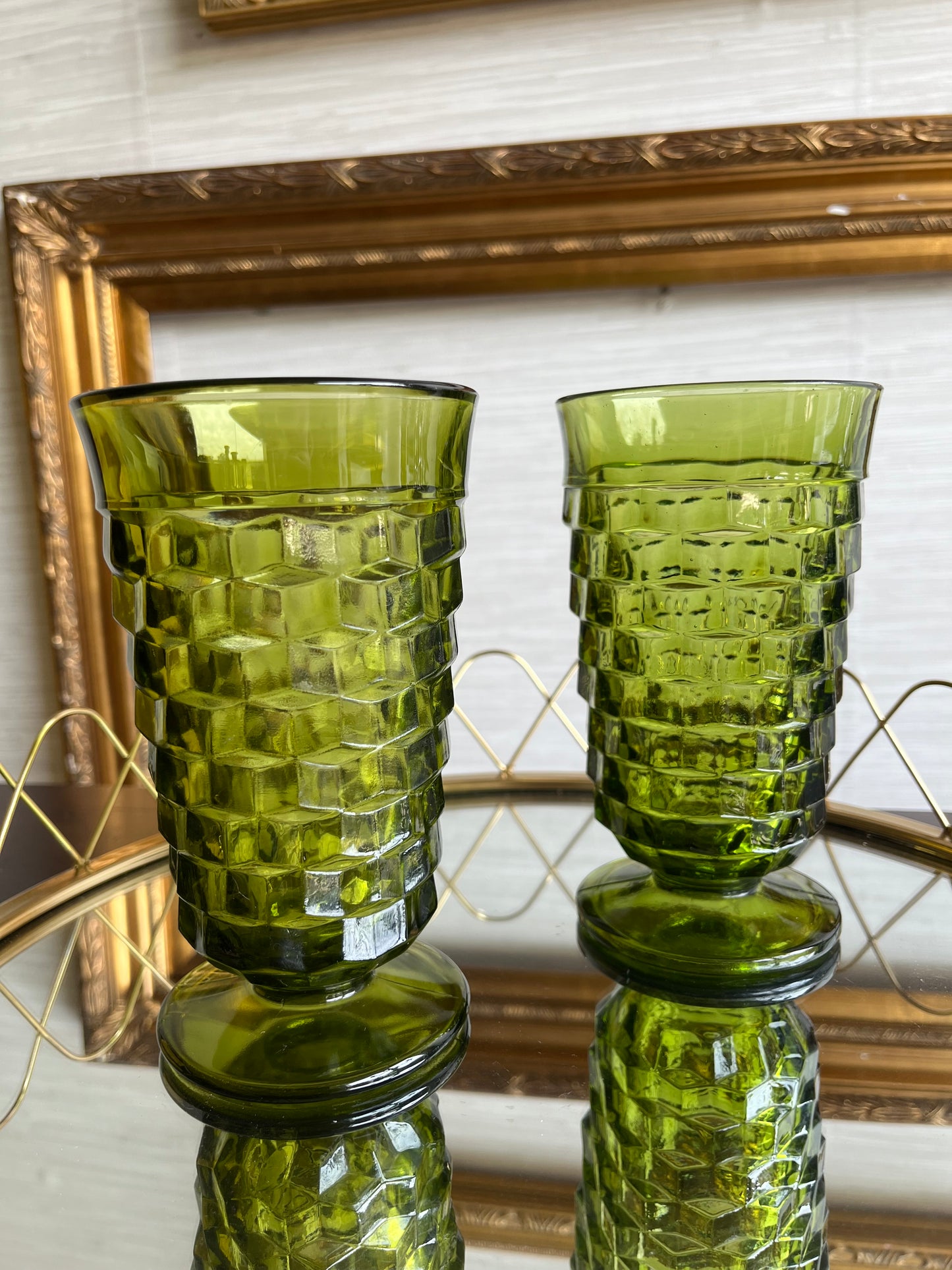 Vintage Barware Indiana Glass Colony Whitehall Avocado Green Set of 2 Ice Tea Glass Footed Tumbler Glasses