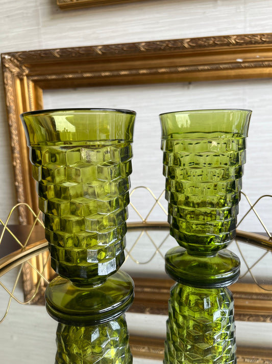 Vintage Barware Indiana Glass Colony Whitehall Avocado Green Set of 2 Ice Tea Glass Footed Tumbler Glasses