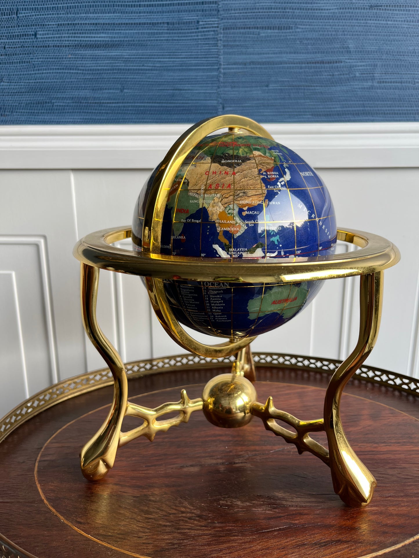 Vintage Blue Lapis Gemstone Desktop  Globe with Brass Stand – Semi-Precious Stone Inlay