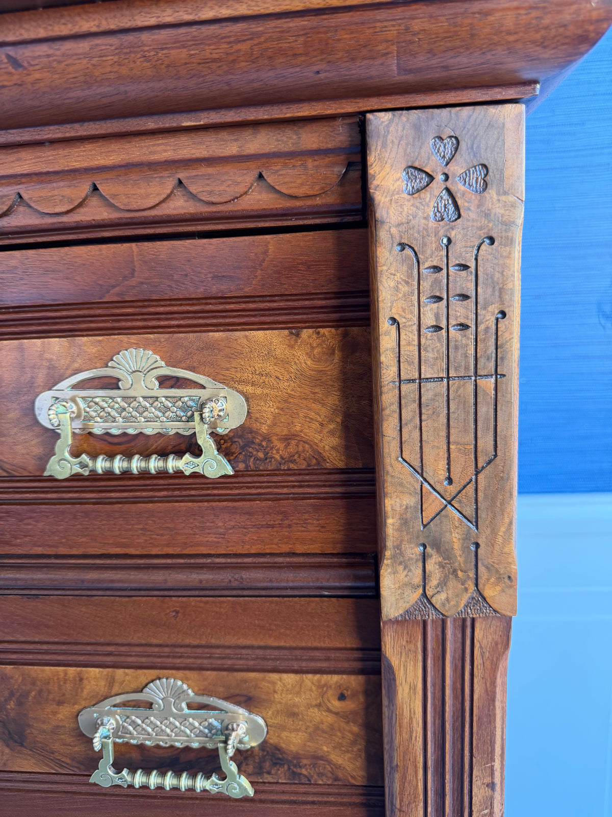 Antique 19th Century Eastlake Secretaire Chest | Side-Locking Burl Walnut Chest with Hidden Writing Desk