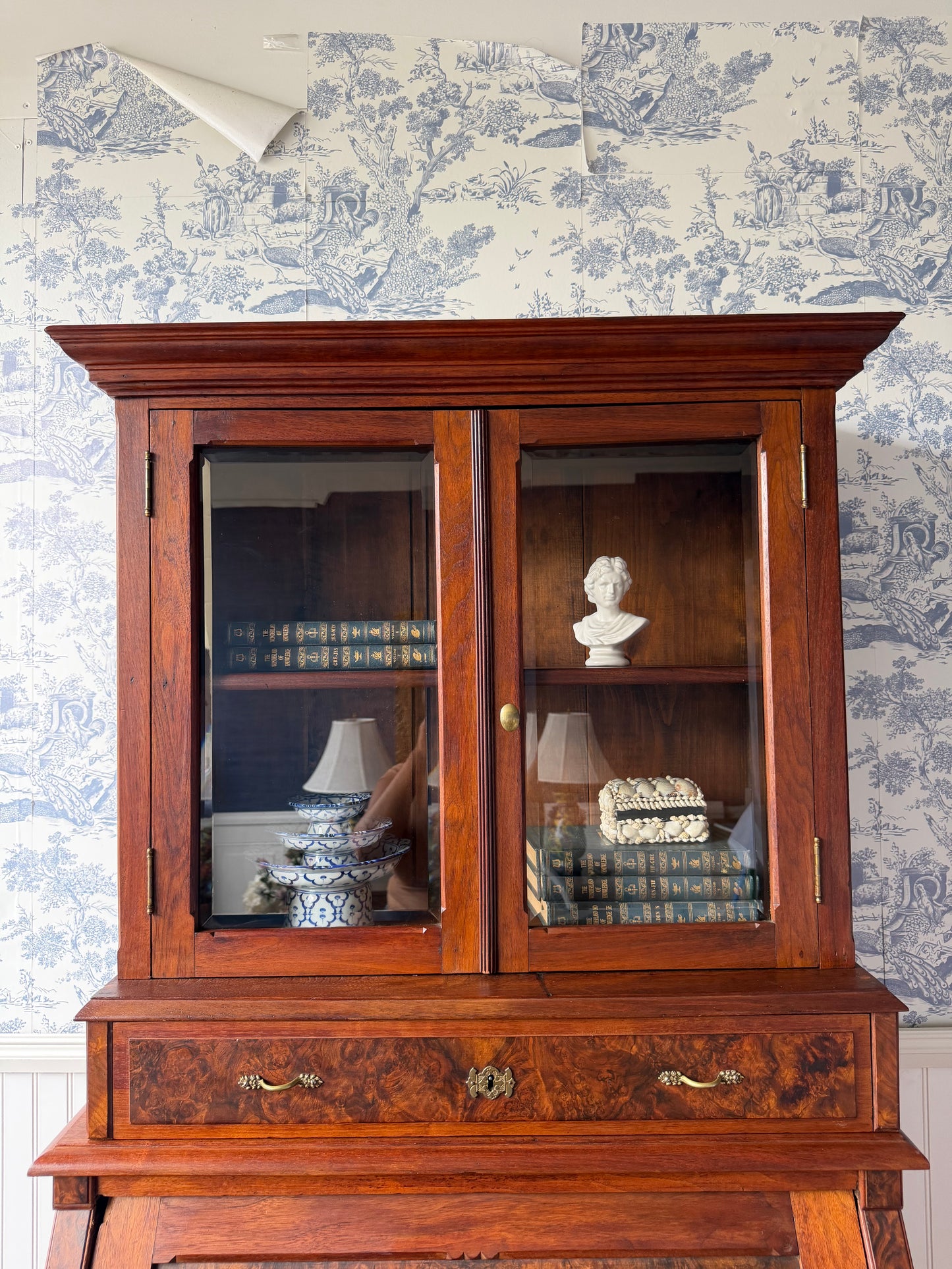 Antique Victorian Burl Walnut Secretary Bookcase, c. 1880s, Drop Front Writing Desk Display Cabinet
