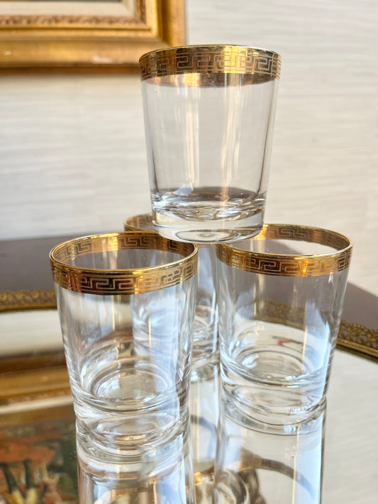 1960s Vintage Cristalleria Fratelli Fumo Greek Key Gold Rim Set of 4  Glasses