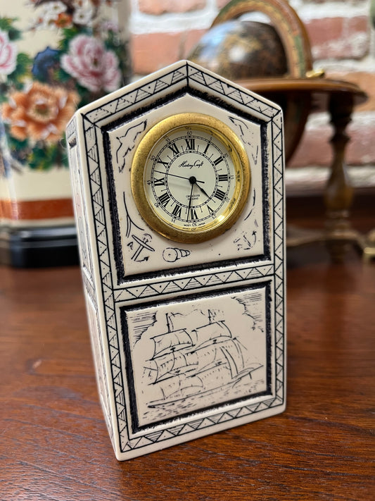 Vintage Style Scrimshaw Marble Miniature Clock