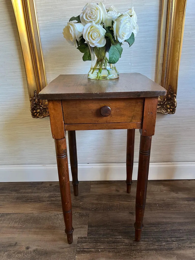 Early 1800s Antique Primitive Pine Side Table  Nightstand With Storage Drawer