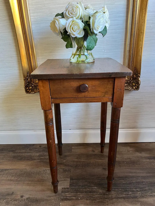 Early 1800s Antique Primitive Pine Side Table  Nightstand With Storage Drawer