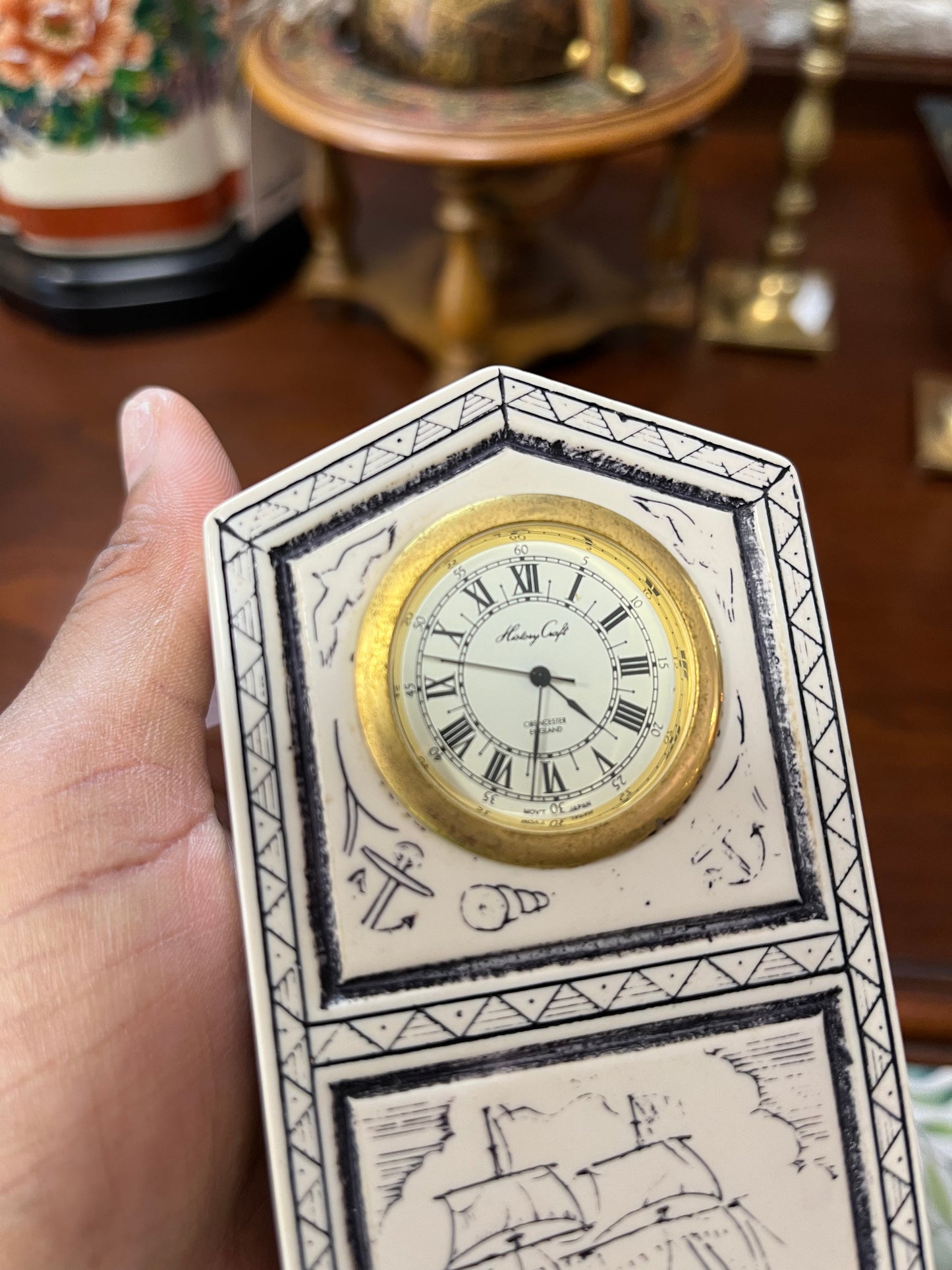 Vintage Style Scrimshaw Marble Miniature Clock