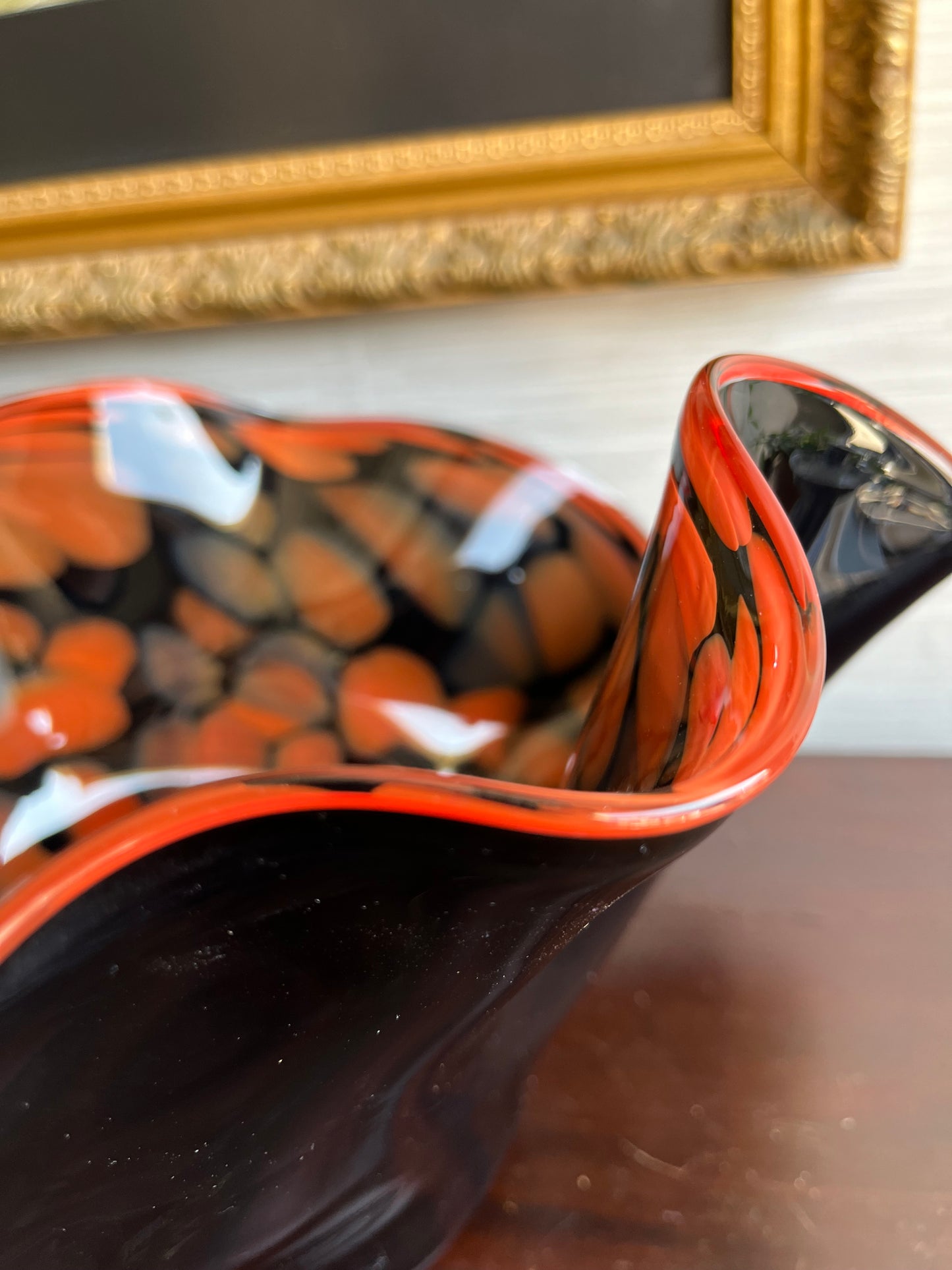 Murano Art Glass Clam Shaped Black Orange Bowl