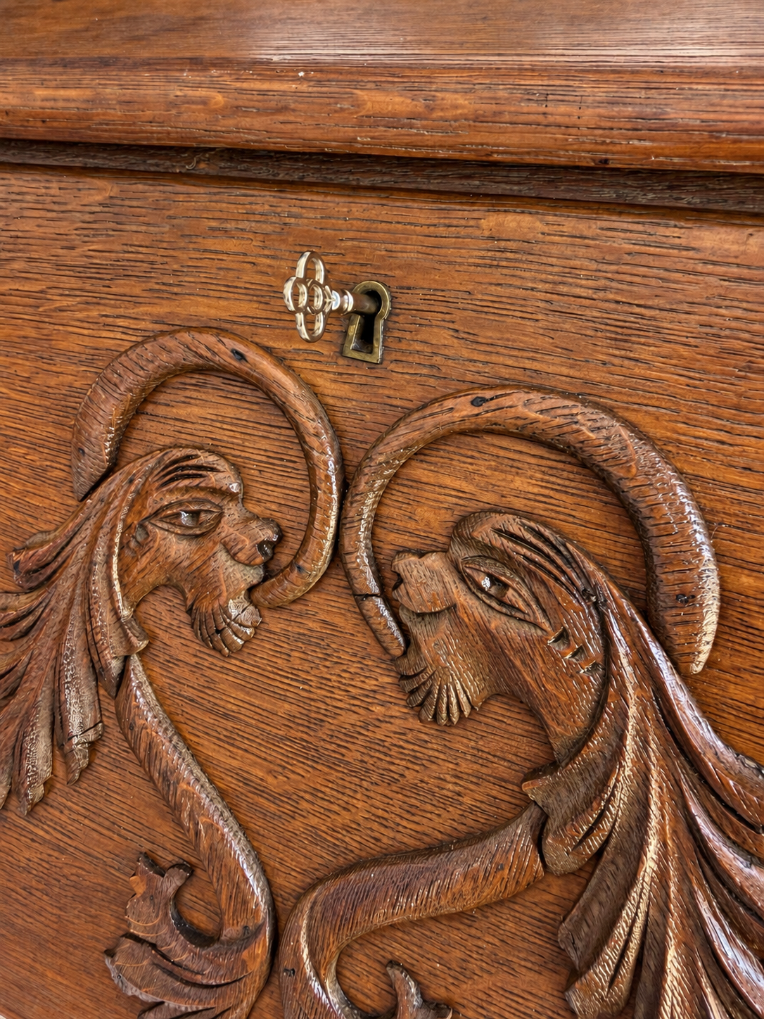 Petite Antique Oak Slant-Front Secretary Ladies Desk with Beveled Mirror & Ram’s-Head Carving