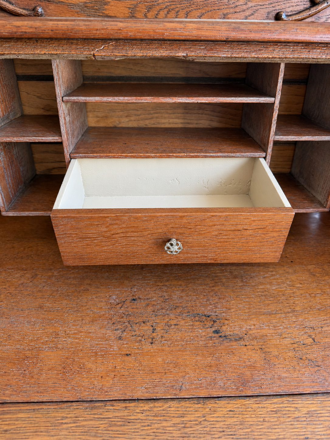 Petite Antique Oak Slant-Front Secretary Ladies Desk with Beveled Mirror & Ram’s-Head Carving