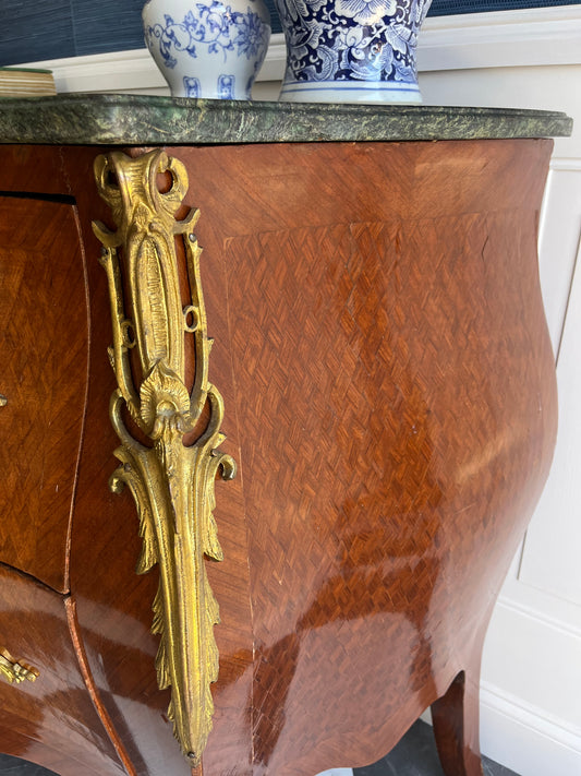 Vintage French Marquetry Bombe Commode Chest Dresser with Green Marble Top & Gilt Brass