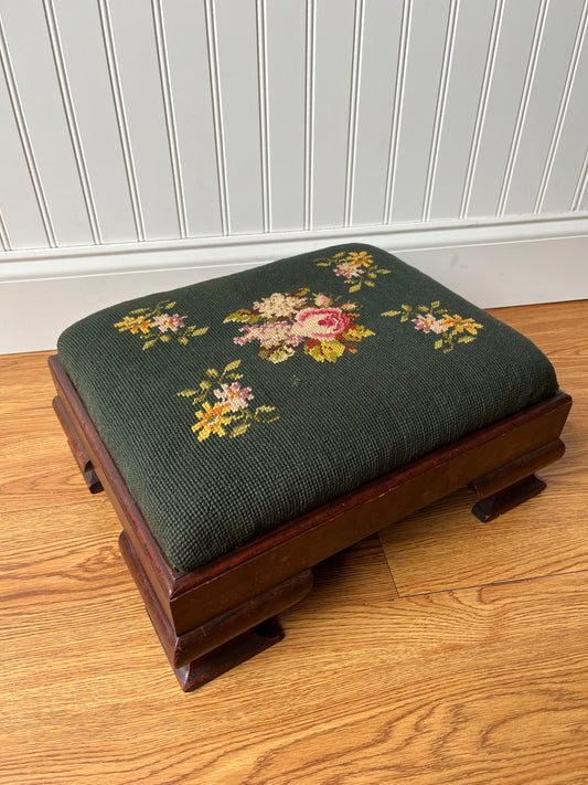 Antique Footstool circa 1880s Hand Needlepoint Floral Tapestry + Carved Wood Footstool Ottoman