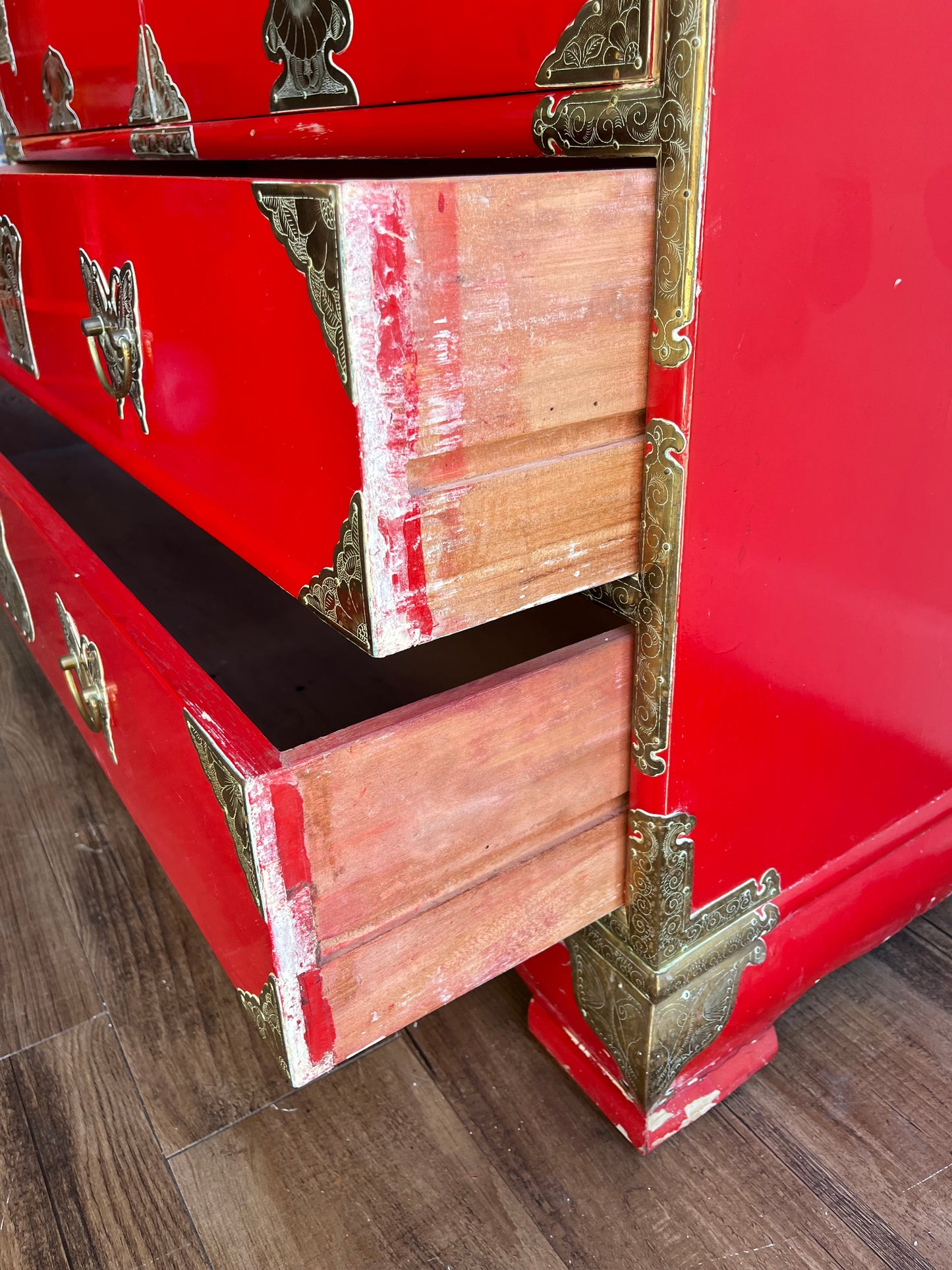 Mid 20th Century Red Lacquer Tansu Chest with Brass Butterfly Pulls