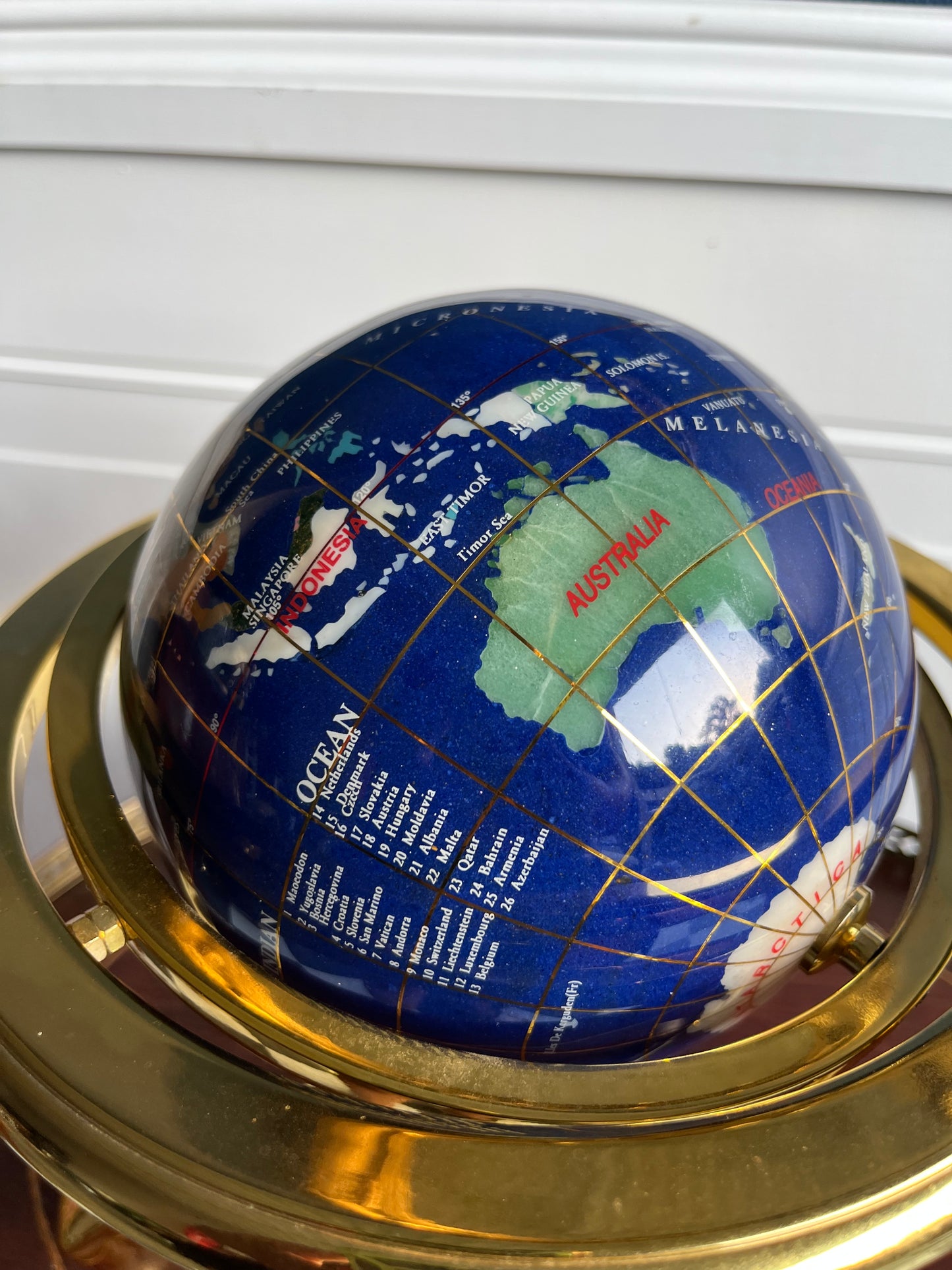 Vintage Blue Lapis Gemstone Desktop  Globe with Brass Stand – Semi-Precious Stone Inlay