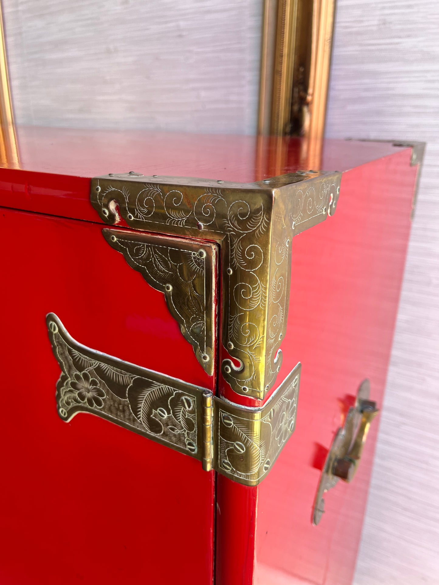 Mid 20th Century Red Lacquer Tansu Chest with Brass Butterfly Pulls